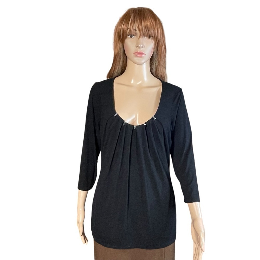 White House Black Market Black 3/4 Sleeve Pleated Front Blouse Size L